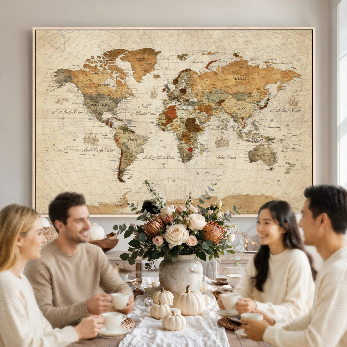 29684537-MGV-CV-36X24 - Vintage World Map Canvas Print, Framed Rustic Detailed Map of the World, Explorer Decor