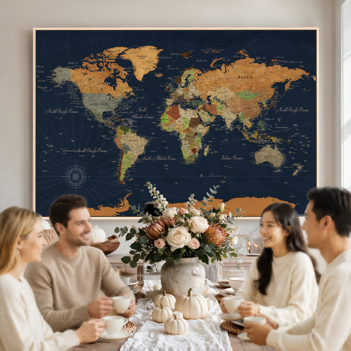 11715182-MGV-CV-36X24 - Modern World Map Canvas Print, Framed Detailed Map of the World Wall Art