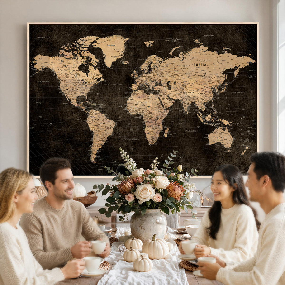 15118265-MGV-CV-36X24 - Brown World Map Canvas Print | Modern Travel Map Wall Art