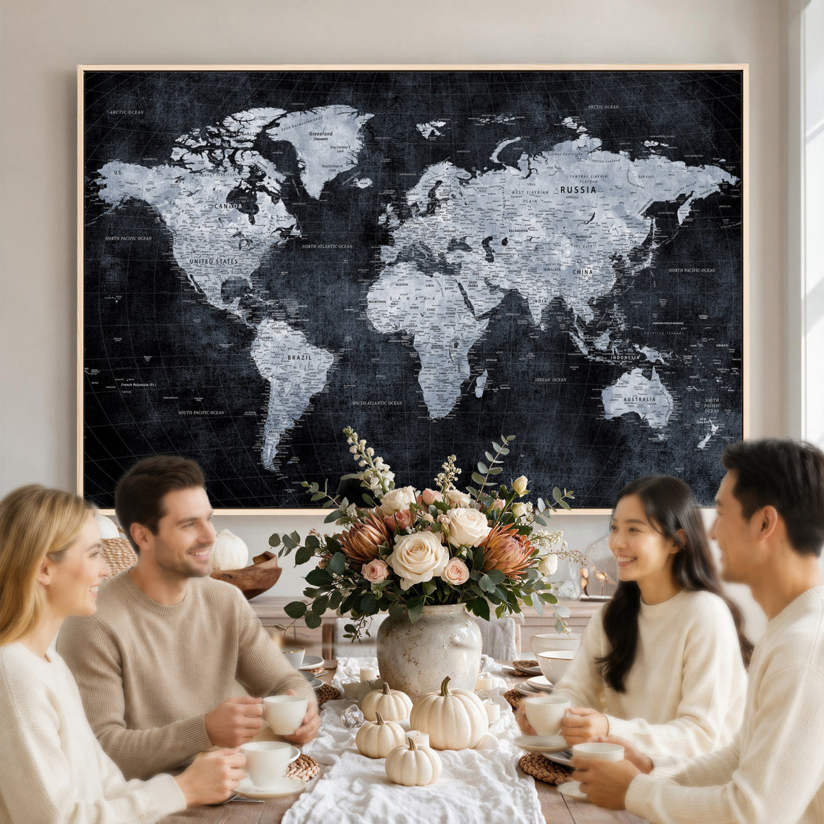 86893704-MGV-CV-36X24 - Black World Map Canvas Print | Detailed Map for Couples and Anniversary Gift
