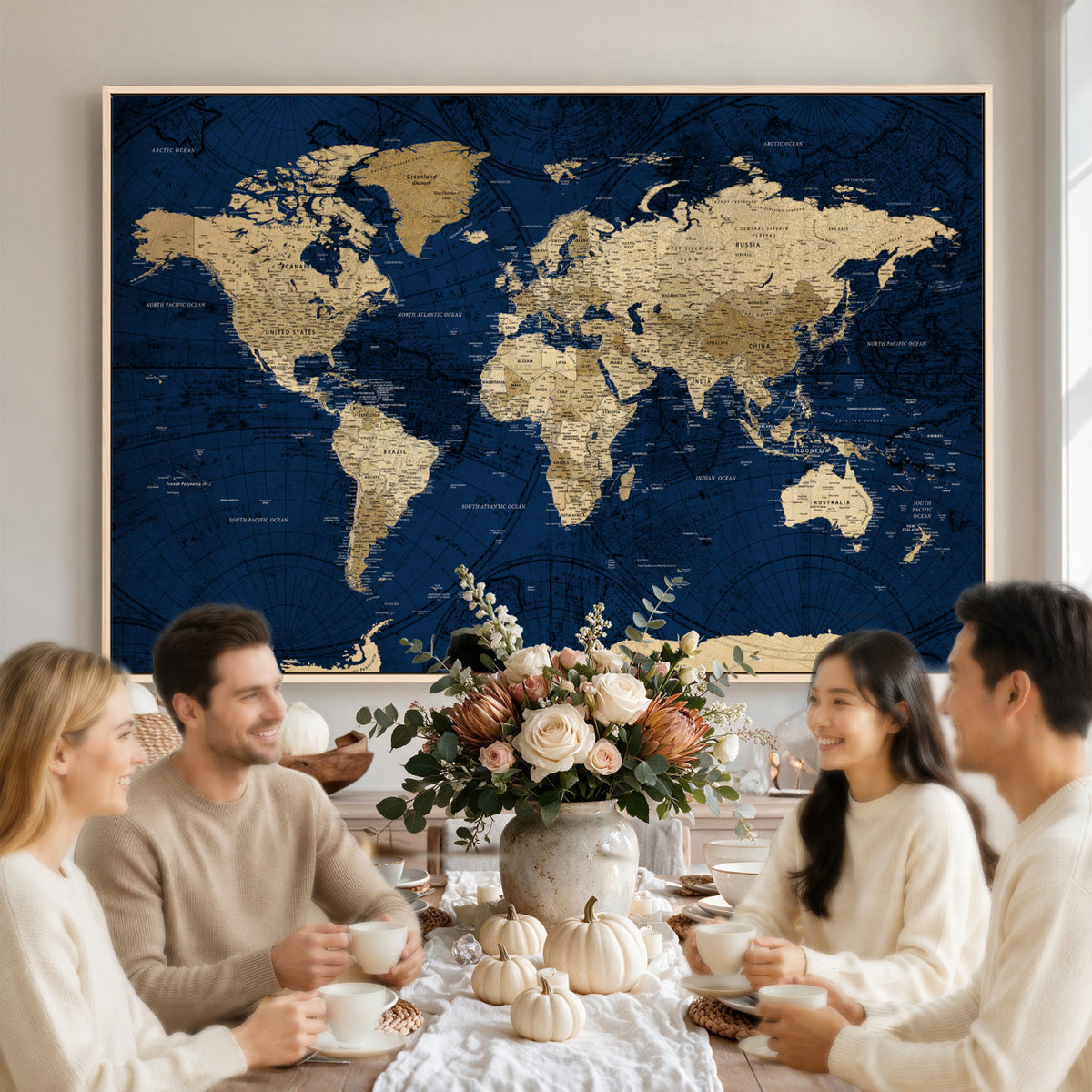 54770746-MGV-CV-36X24 - Navy Blue World Map Canvas Print – Detailed Map Minimal Navy