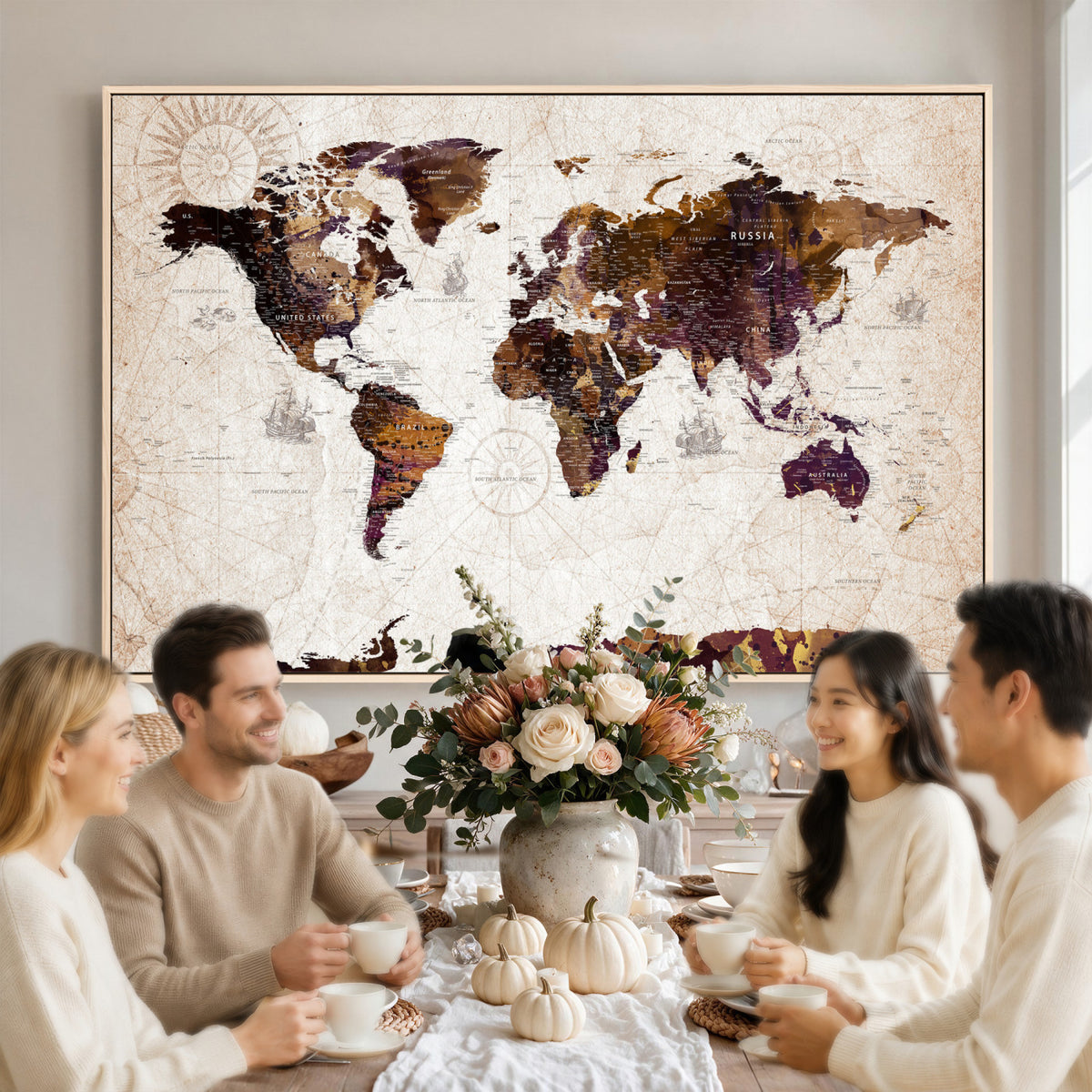 53400857-MGV-CV-36X24 - Blue Watercolor World Map Canvas Print – Framed Modern Wall