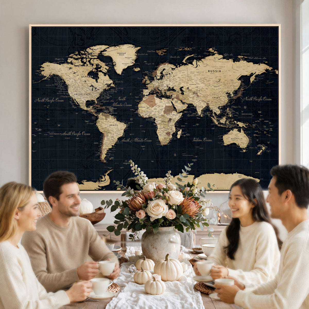 45063434-MGV-CV-36X24 - Dark World Map Canvas Wall Art Print, Minimal Black and Gold Map