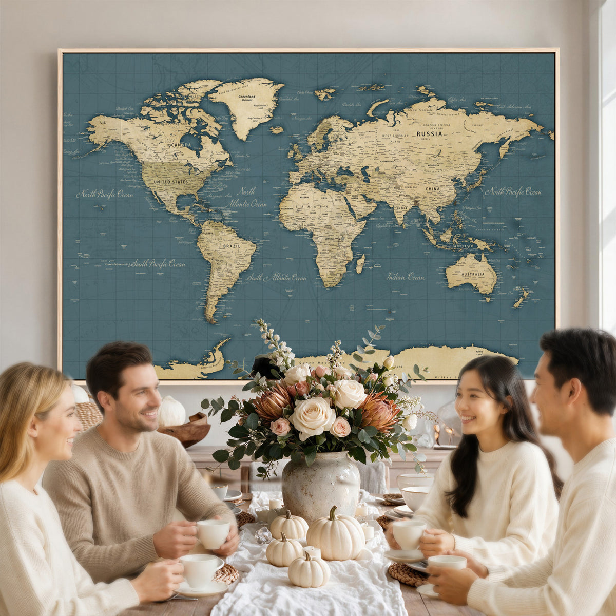 99599383-MGV-CV-36X24 - Minimal Vintage World Map Canvas Wall Art Print, Neutral