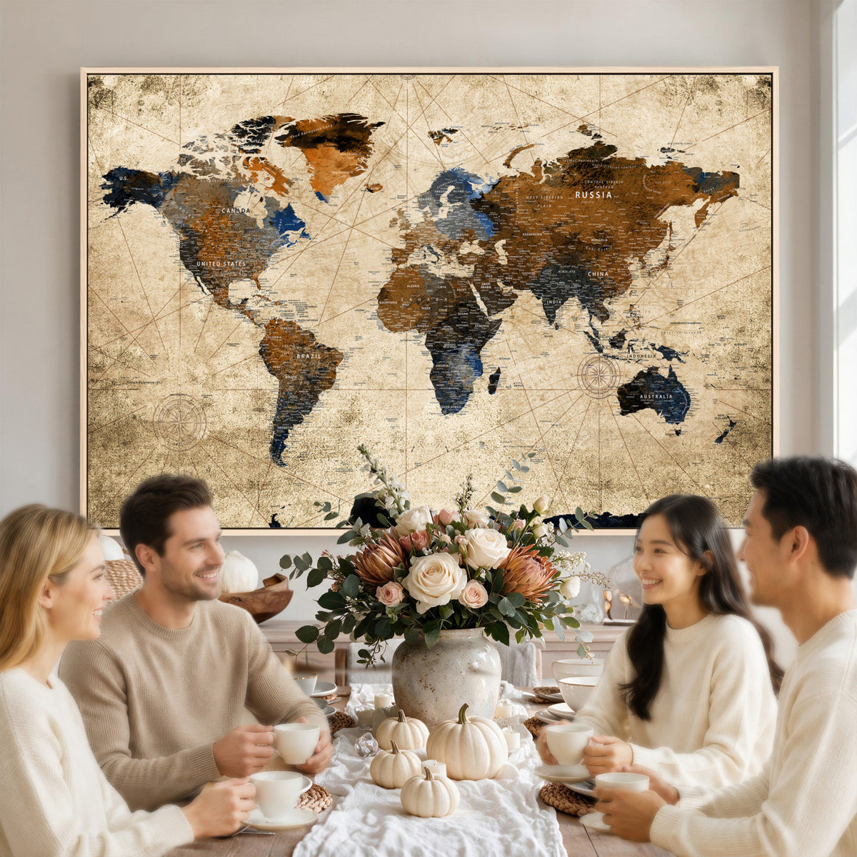 27163414-MGV-CV-36X24 - World Map Wall Art – Rustic Earth Tone Canvas Print, Antique