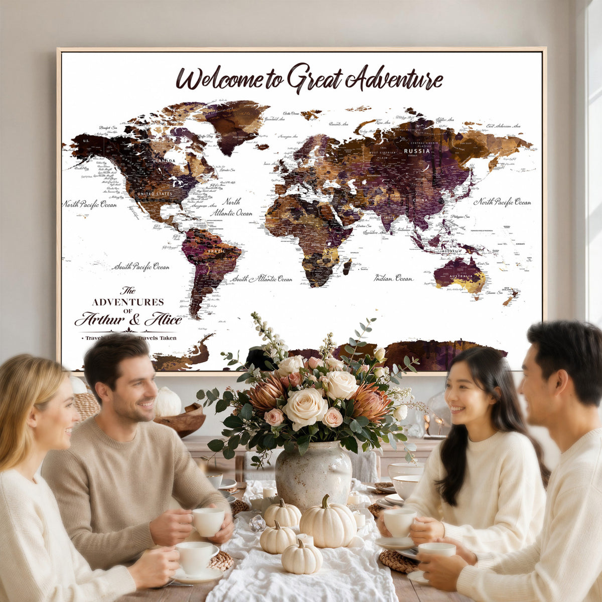 64110391125-MGV-CV-36X24 - Custom Push Pin World Map Wall Art Canvas Print | Personalized Travel Map