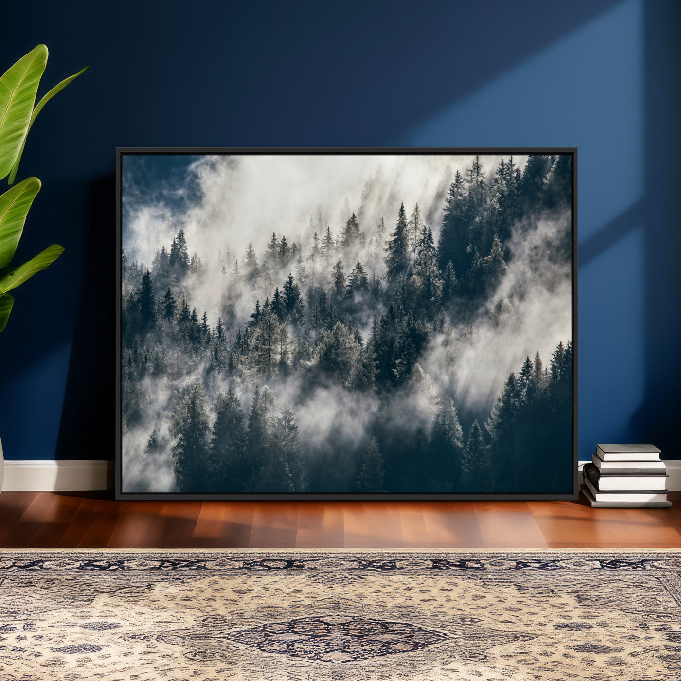 63405824-MGV-CV-36X24 - Foggy Mountain Forest Canvas Print, Misty Pine Trees Nature Wall Art, Framed Canvas Ready to Hang