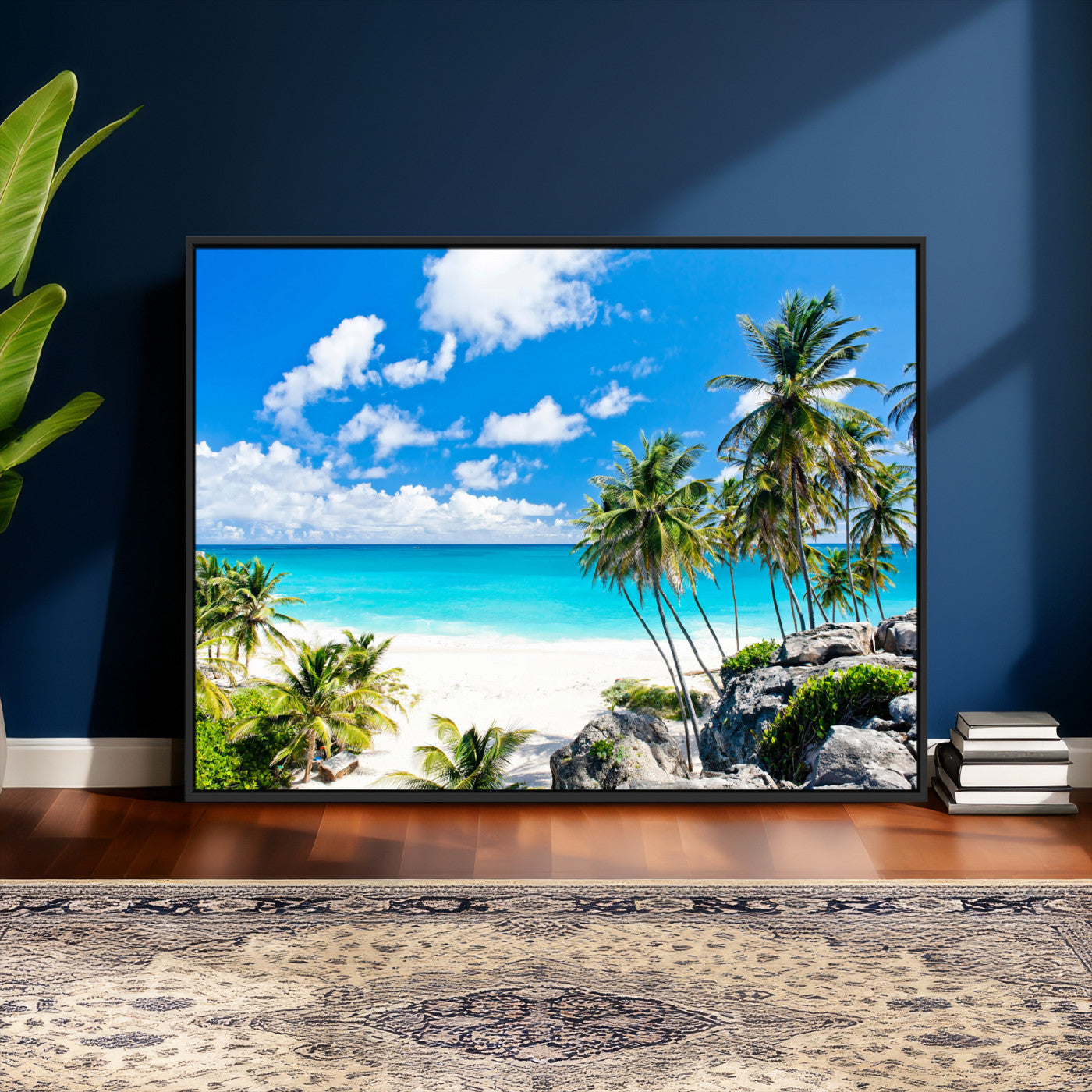 29232878-MGV-CV-36X24 - Barbados Beach Wall Art Canvas Print, Palm Tree Ocean Landscape, Turquoise Sea Coastal Photography, Tropical Island Wall Decor, Framed Ready to Hang