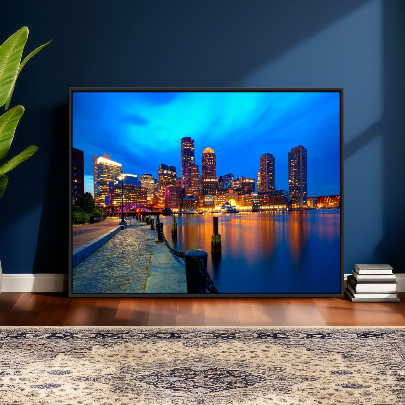 69619565-MGV-CV-36X24 - Boston Wall Art Canvas Print, Boston City Downtown Night Cityscape Print for Modern Urban Wall Decor