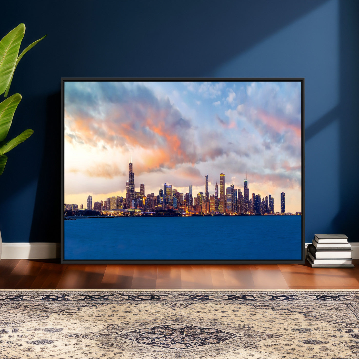 34667960-MGV-CV-36X24 - Chicago Wall Art Canvas Print, Chicago City Downtown Night Cityscape Print for Modern Urban Wall Decor