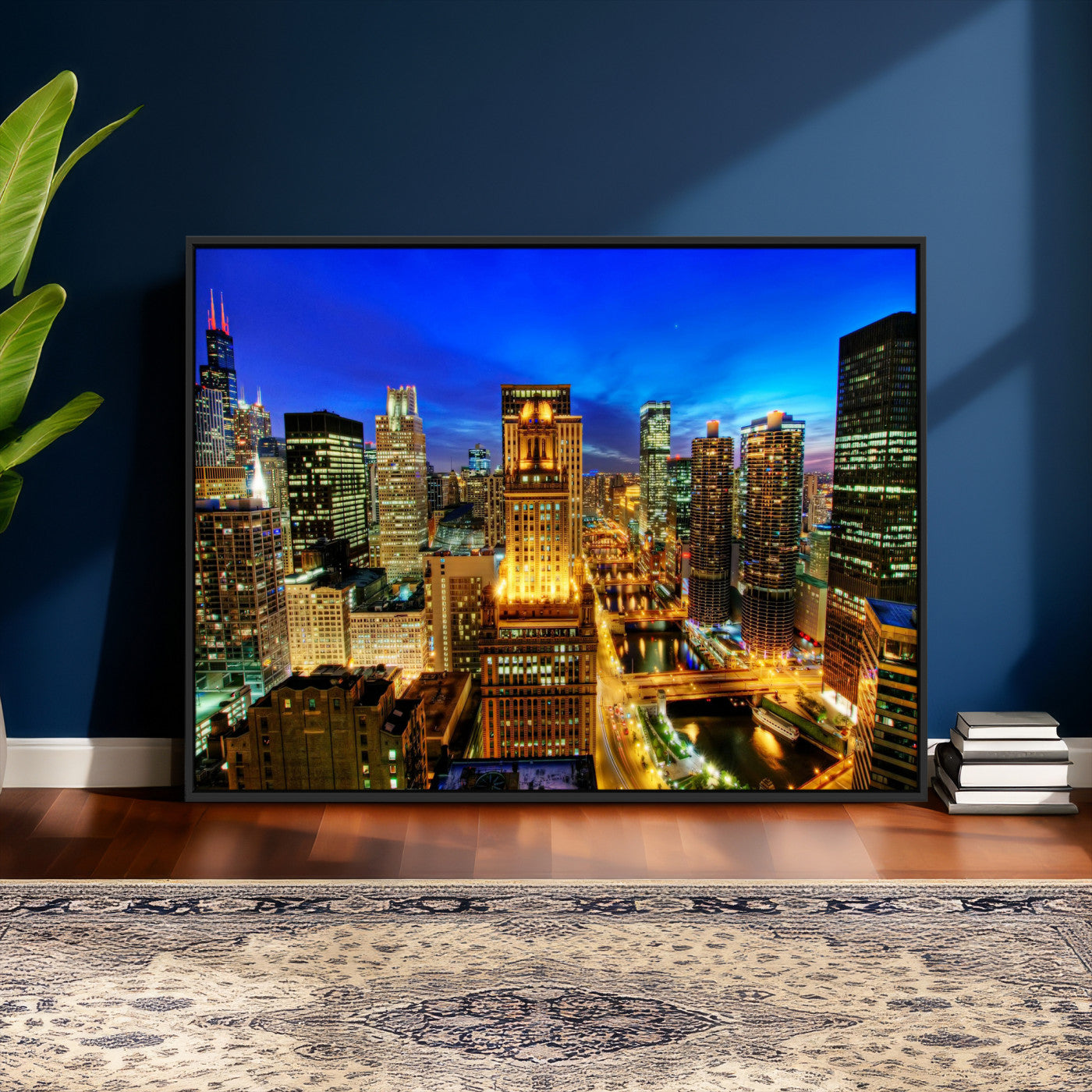 46298885-MGV-CV-36X24 - Chicago Wall Art Canvas Print, Chicago City Downtown Night Cityscape Print for Modern Urban Wall Decor