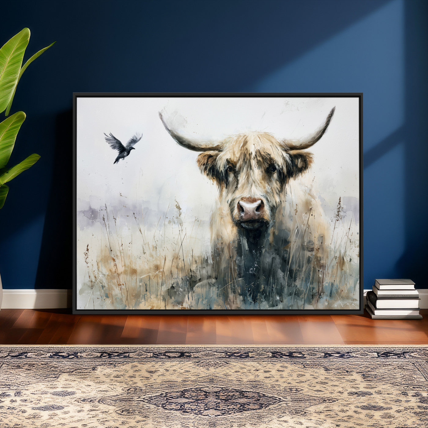 55652651-MGV-CV-36X24 - Abstract Highland Cow Watercolor Animal Wall Art Canvas Print, Rustic Farm Cattle Portrait Canvas Print, Neutral Wildlife Farmhouse Art Printing