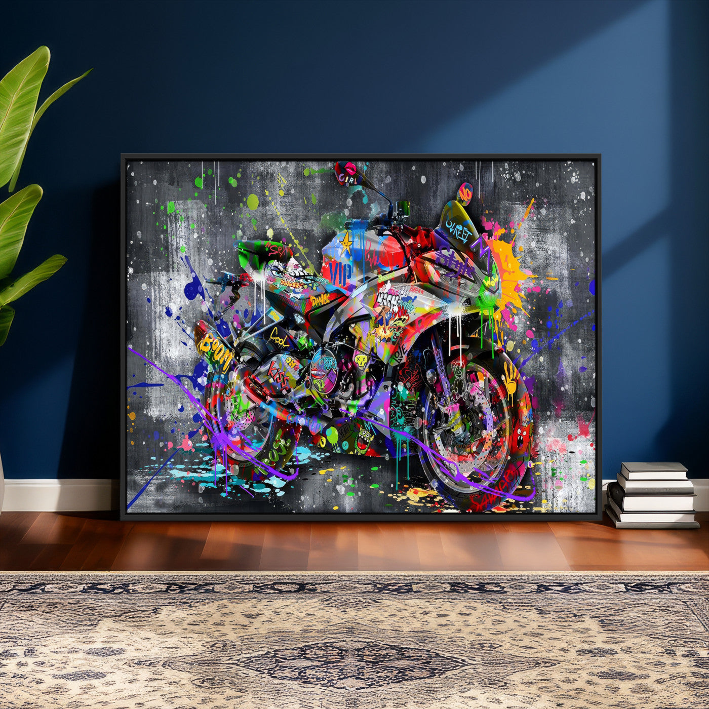 83021767-MGV-CV-36X24 - Graffiti Motorcycle Wall Art Canvas Print, Urban Street Art Motorbike Decor, Colorful Graffiti Sports Bike Artwork