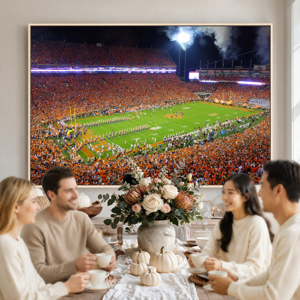 43662631-MGV-CV-36X24 - Clemson Football Stadium Wall Art Canvas Print, College Football Crowd Night Game Scene, Orange Stadium Panorama Wall Decor