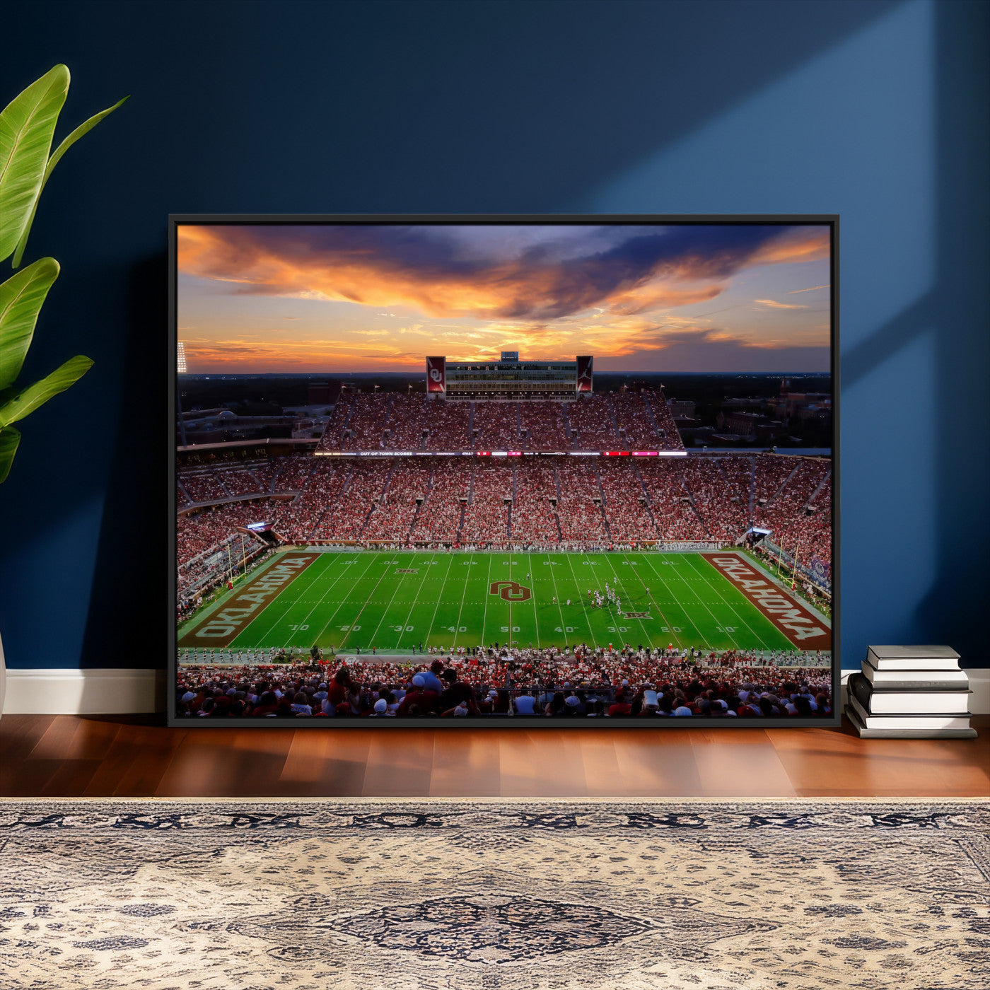 51457497-MGV-CV-36X24 - Oklahoma Sooners Stadium Wall Art Canvas Print, College Football Sunset Game Scene, OU Football Field Panorama Wall Decor