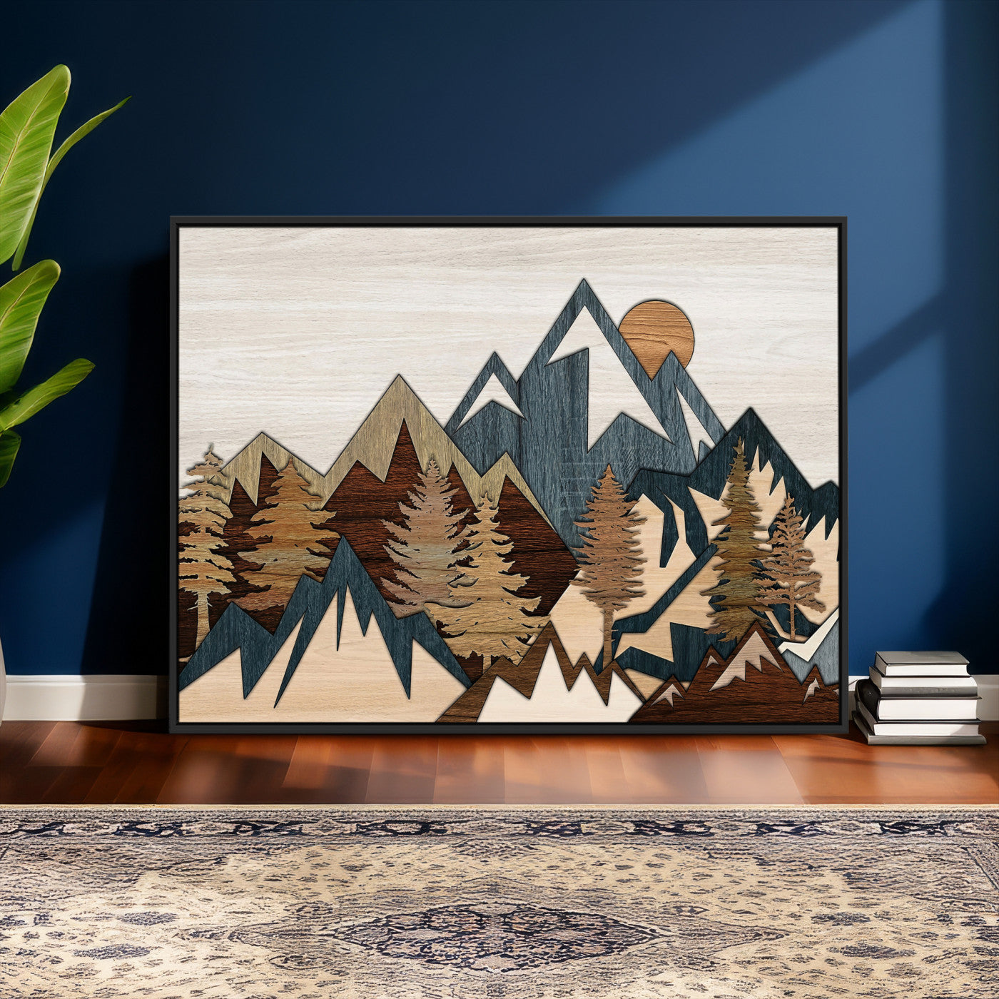 61833055-MGV-CV-36X24 - Mountain Forest Wall Art Canvas Print, Layered Wood Landscape Artwork, Rustic Nature Wall Decor for Living Room