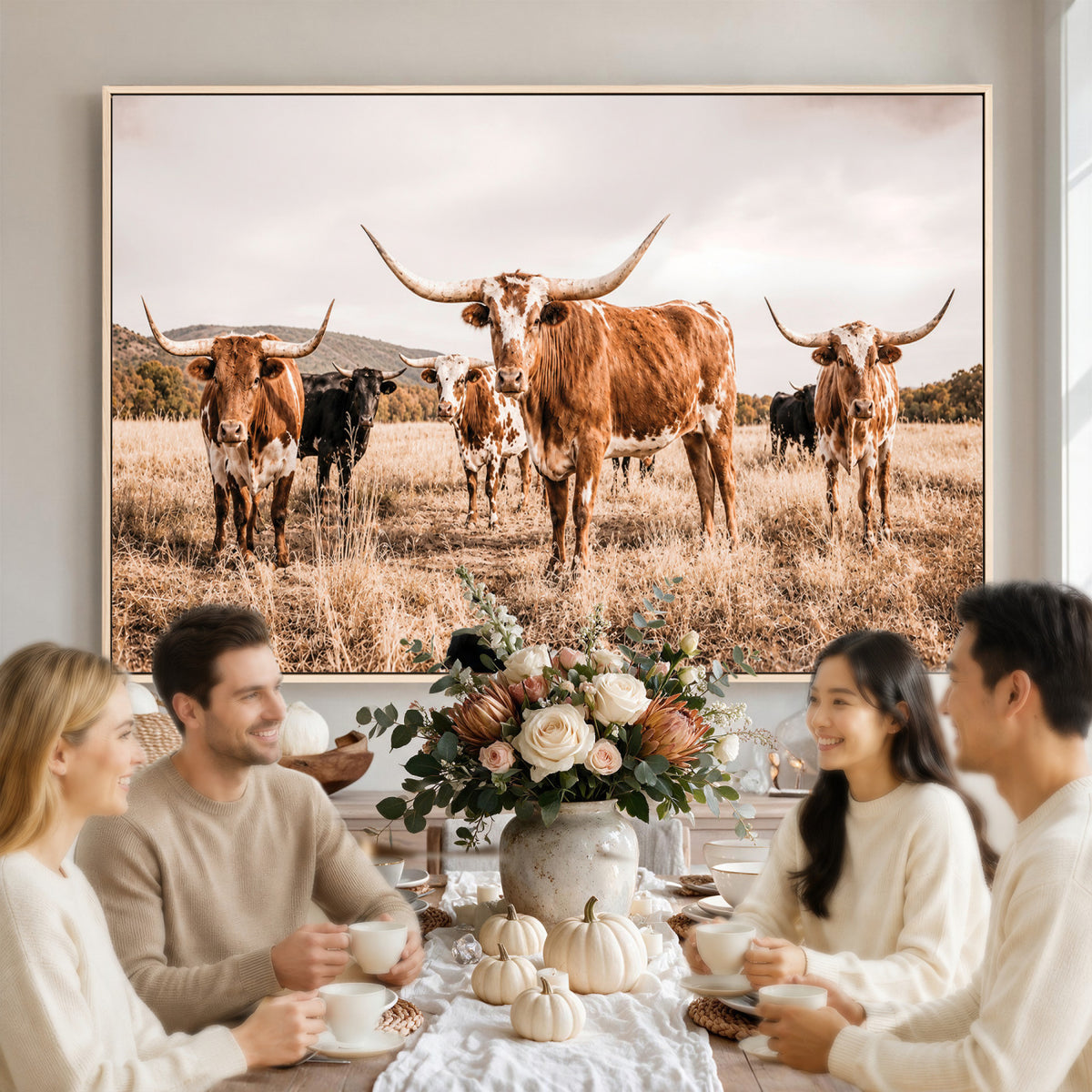 27539727-MGV-CV-36X24 - Texas Longhorn Cattle Wall Art Canvas Print, Sepia Western Decor