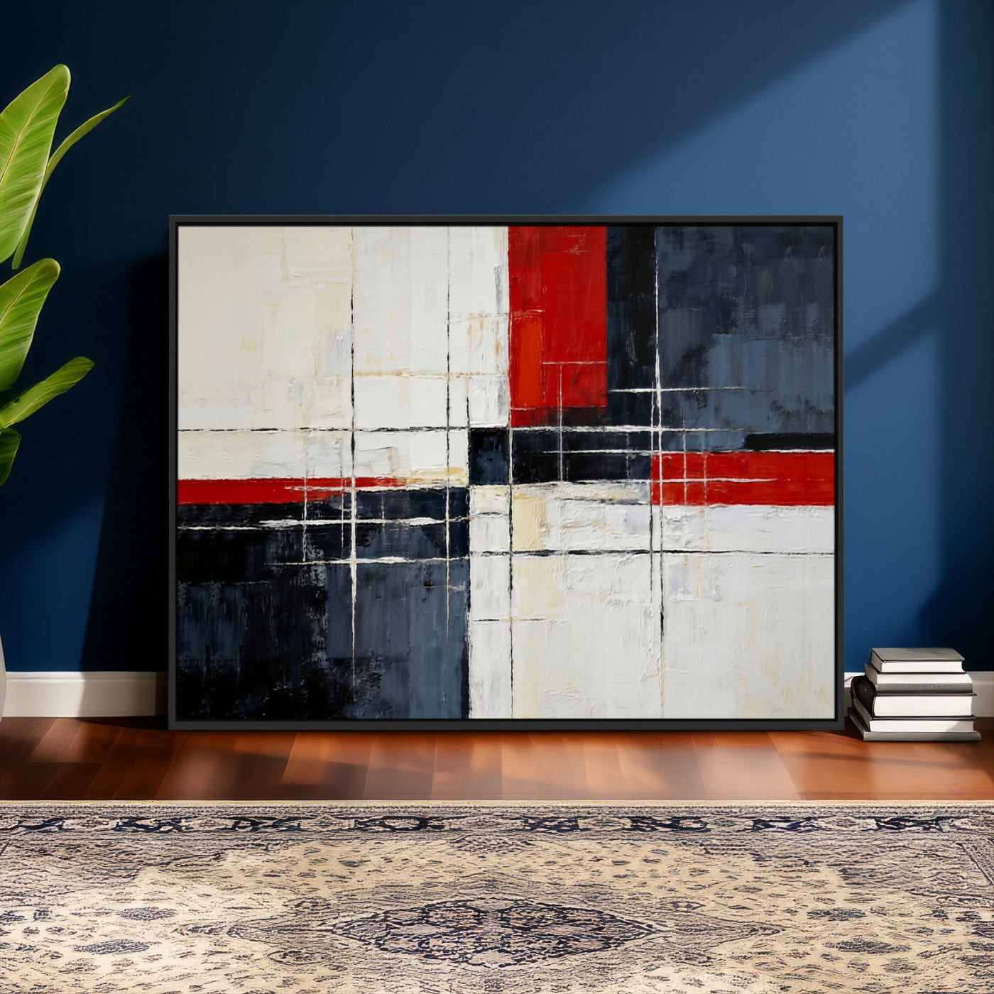 44088165-MGV-CV-36X24 - Navy Red Abstract Wall Art Canvas Print, Modern Luxury Geometric Painting Wall Decor for Living Room and Office