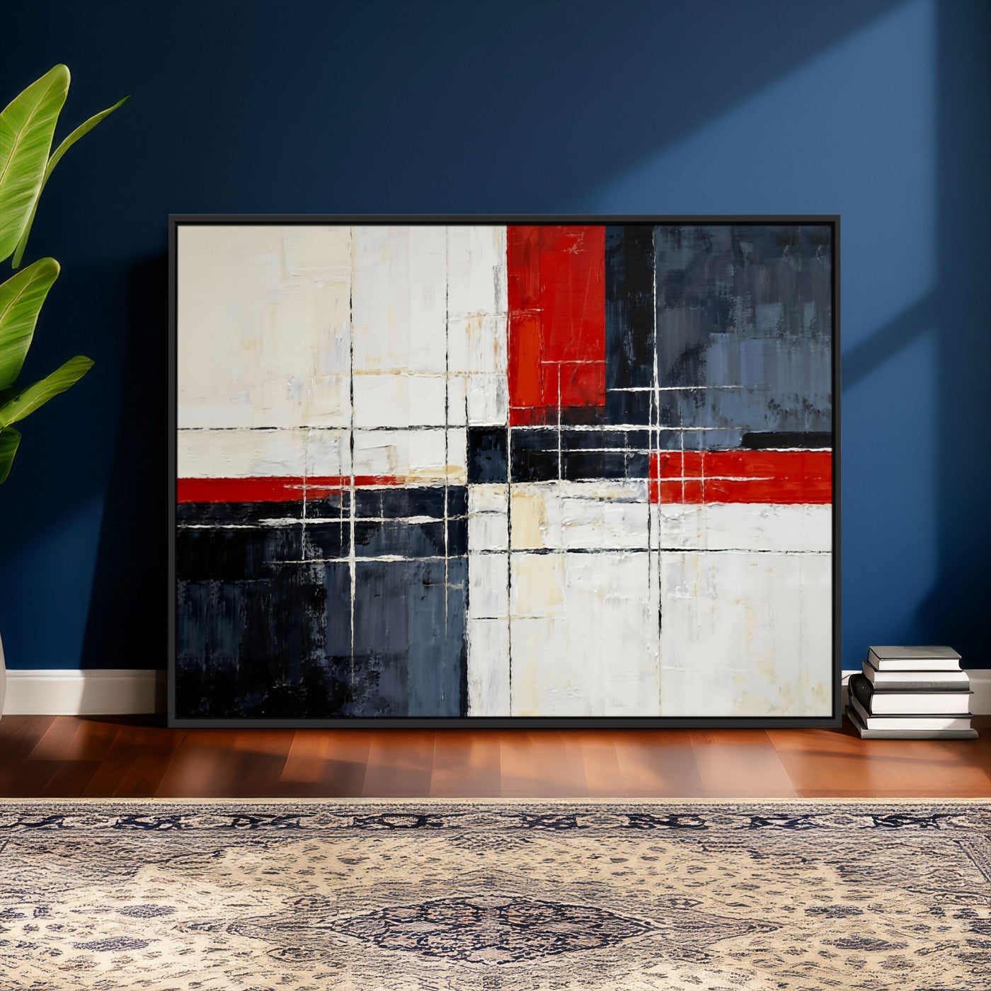 11921181-MGV-CV-36X24 - Navy Red Abstract Wall Art Canvas Print, Modern Luxury Geometric Painting Wall Decor for Living Room and Office