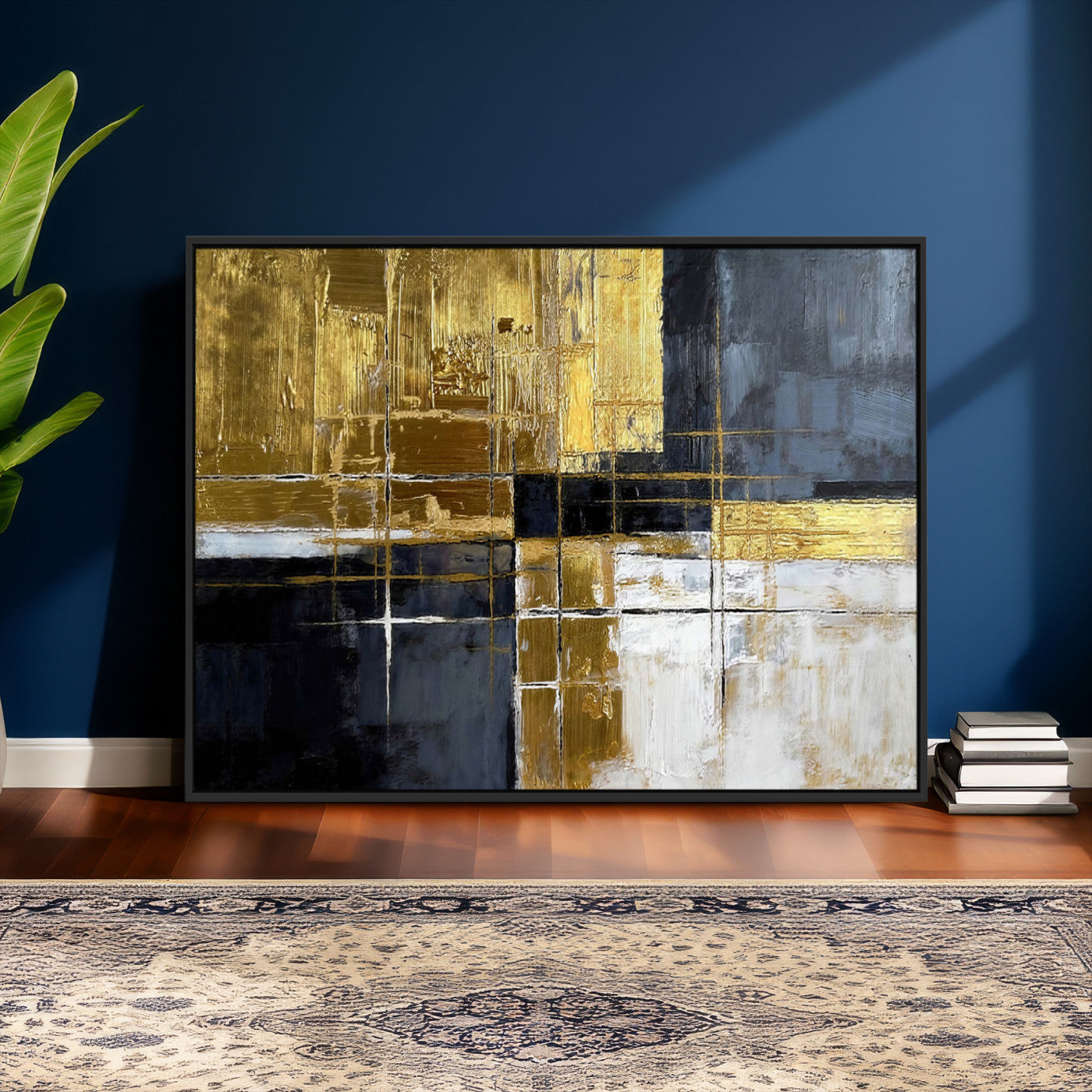 76917030-MGV-CV-36X24 - Gold Navy Abstract Wall Art Canvas Print, Modern Luxury Geometric Painting Wall Decor for Living Room and Office