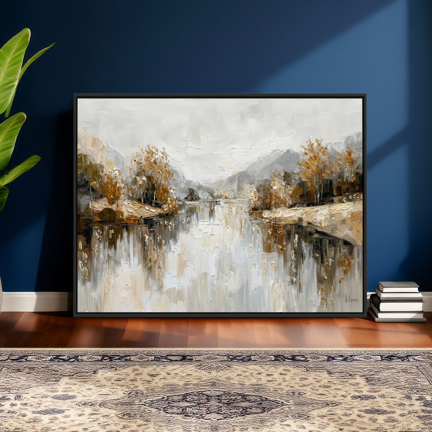 78227690-MGV-CV-36X24 - Neutral Abstract Lake Landscape Wall Art Canvas Print, Modern Minimal River Reflection Canvas Print, Beige Gray Contemporary Nature Art Printing