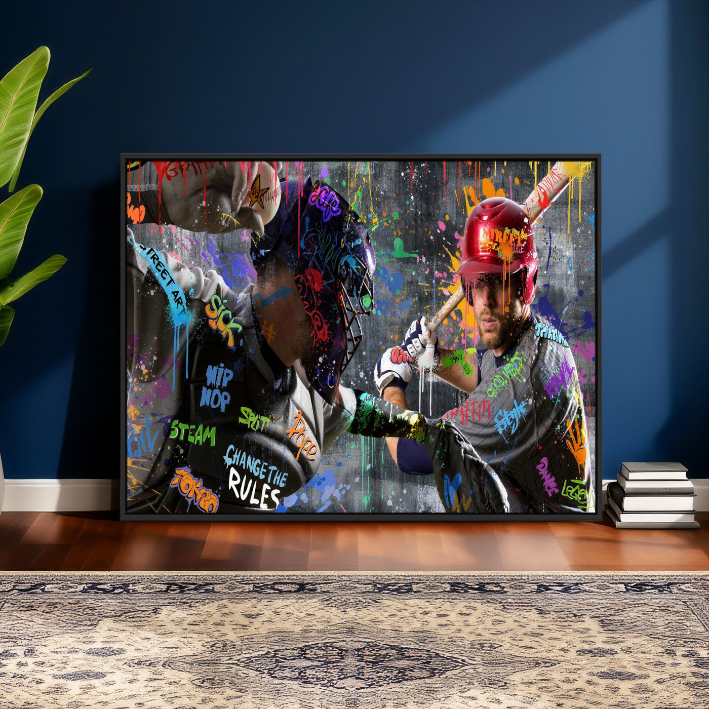 19634994-MGV-CV-36X24 - Graffiti Baseball Player Street Art Wall Art Canvas Print, Urban Sports Pop Art Baseball Canvas Print, Modern Athletic Graffiti Contemporary Art Printing