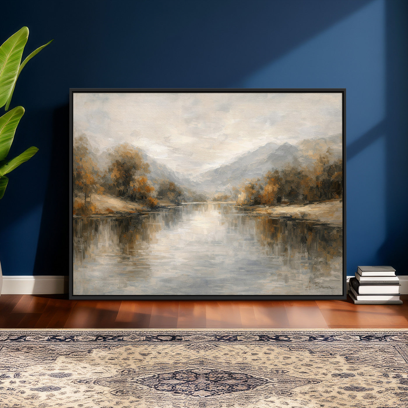 29251761-MGV-CV-36X24 - Neutral Abstract River Landscape Wall Art Canvas Print, Modern Minimal Nature Reflection Canvas Print, Beige Gray Contemporary Mountain Art Printing