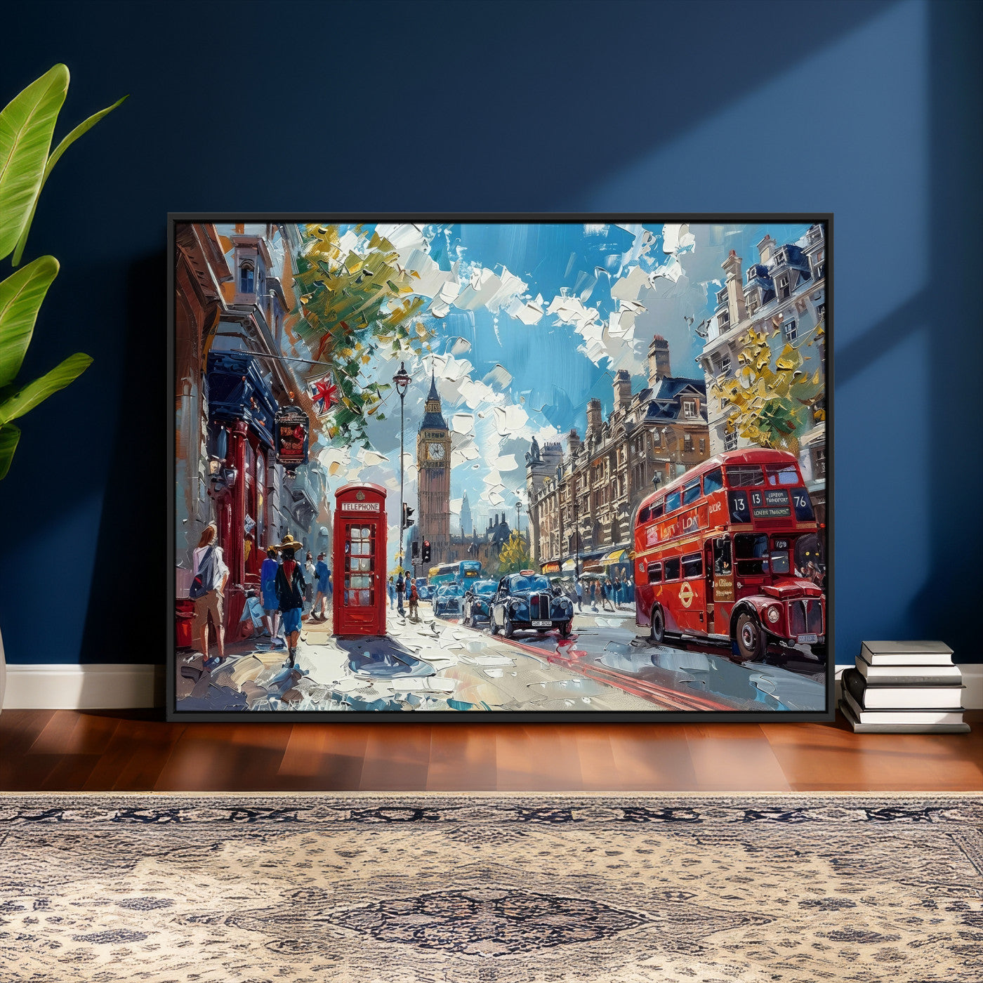 17630888-MGV-CV-36X24 - Modern London City Street Wall Art Canvas Print, Big Ben & Red Bus Artwork Canvas Print