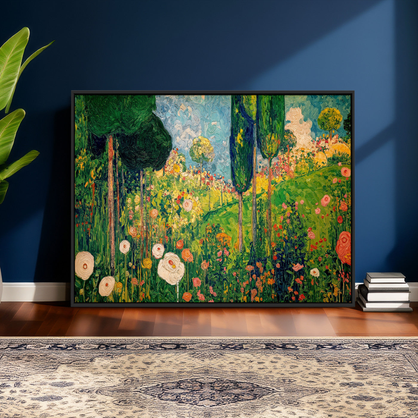 83517974-MGV-CV-36X24 - Gustav Klimt Boho Mountain Landscape Large Wall Art, Horizontal Gold Framed Canvas Print with Sun and Flowers