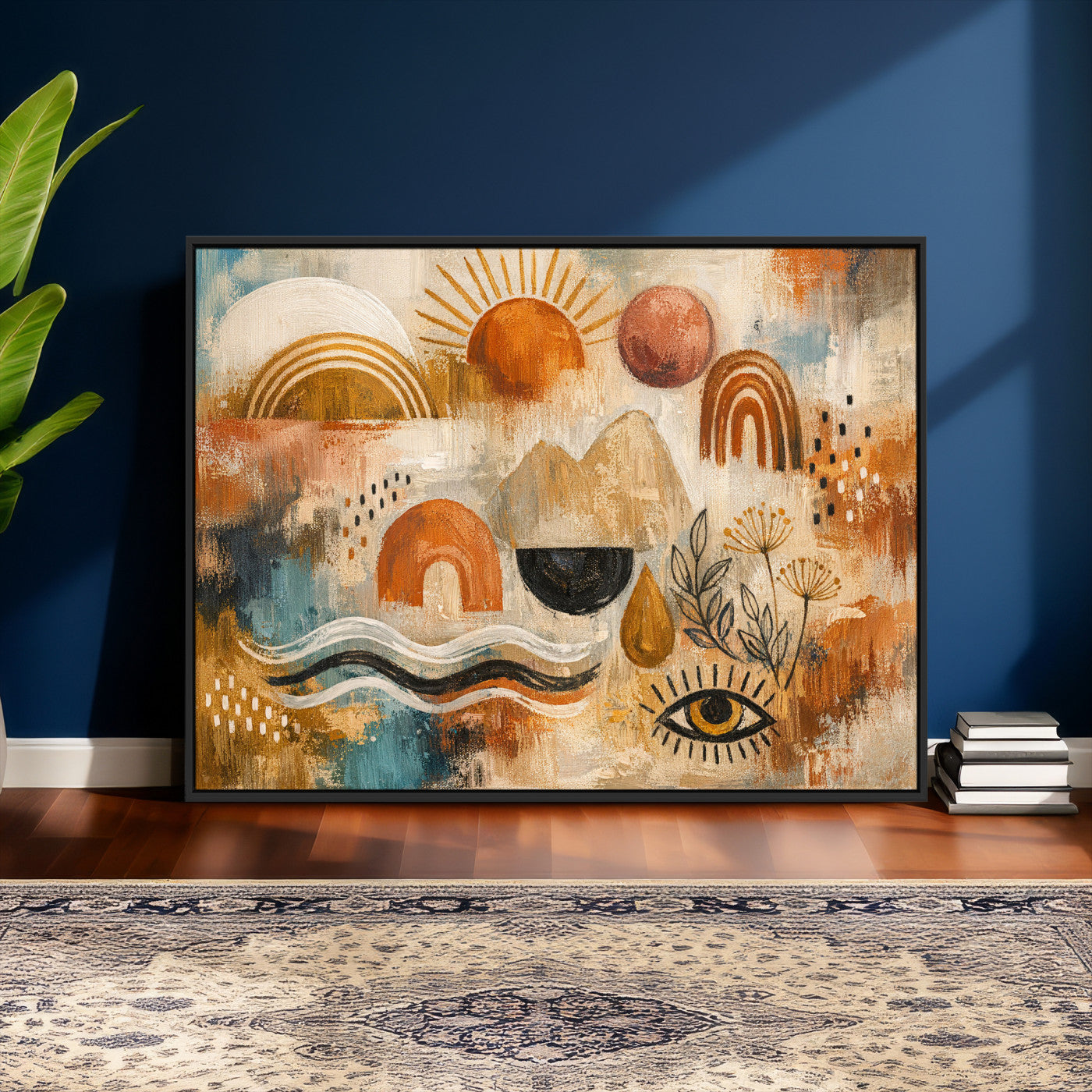 52155239-MGV-CV-36X24 - Geometric Boho Abstract Wall Art Canvas Print, Orange Blue Abstract Expressionist Painting Print, Modern Geometric Abstract Canvas Art