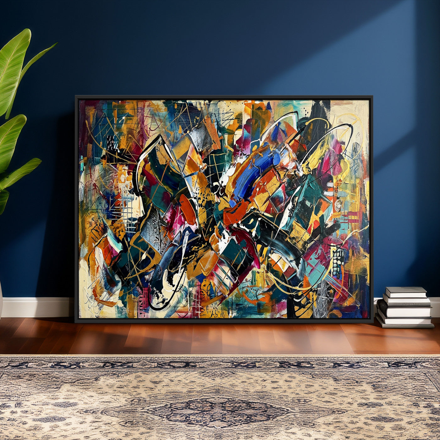 15525527-MGV-CV-36X24 - Geometric Abstract Wall Art Canvas Print, Orange Blue Abstract Expressionist Painting Print, Modern Geometric Abstract Canvas Art