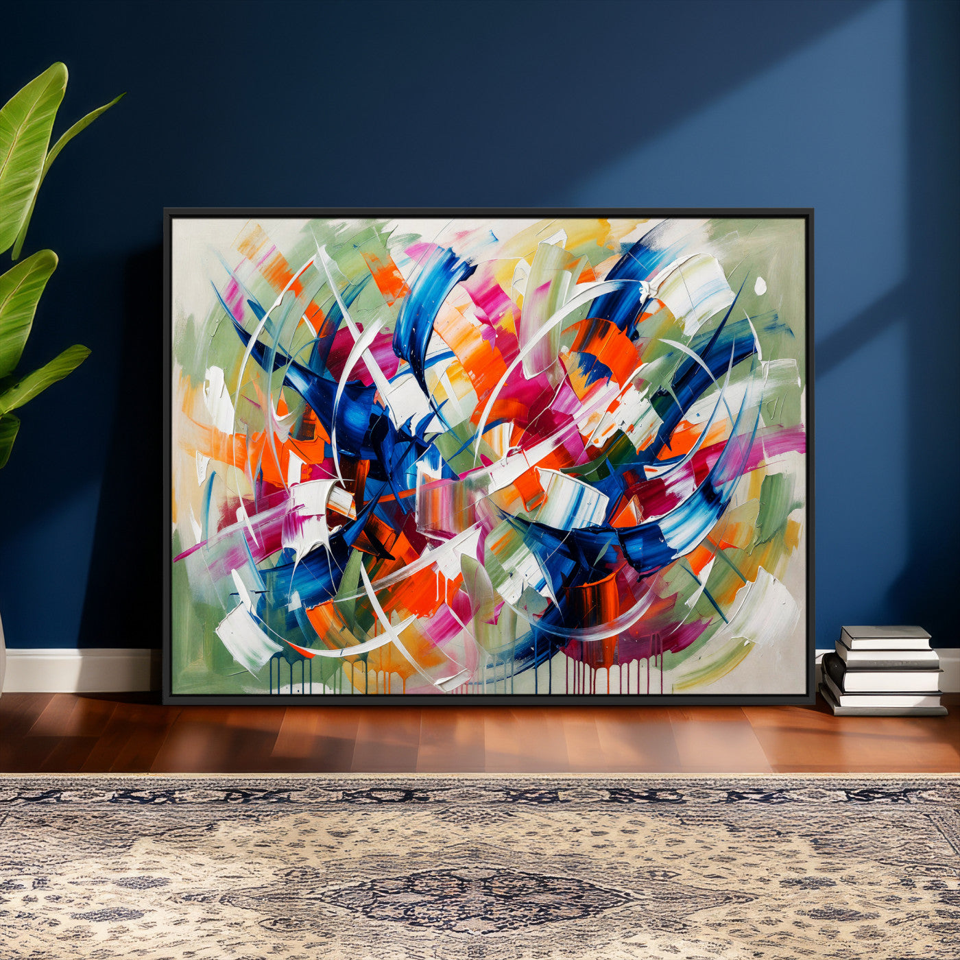 15032888-MGV-CV-36X24 - Geometric Abstract Wall Art Canvas Print, Orange Blue Abstract Expressionist Painting Print, Modern Geometric Abstract Canvas Art