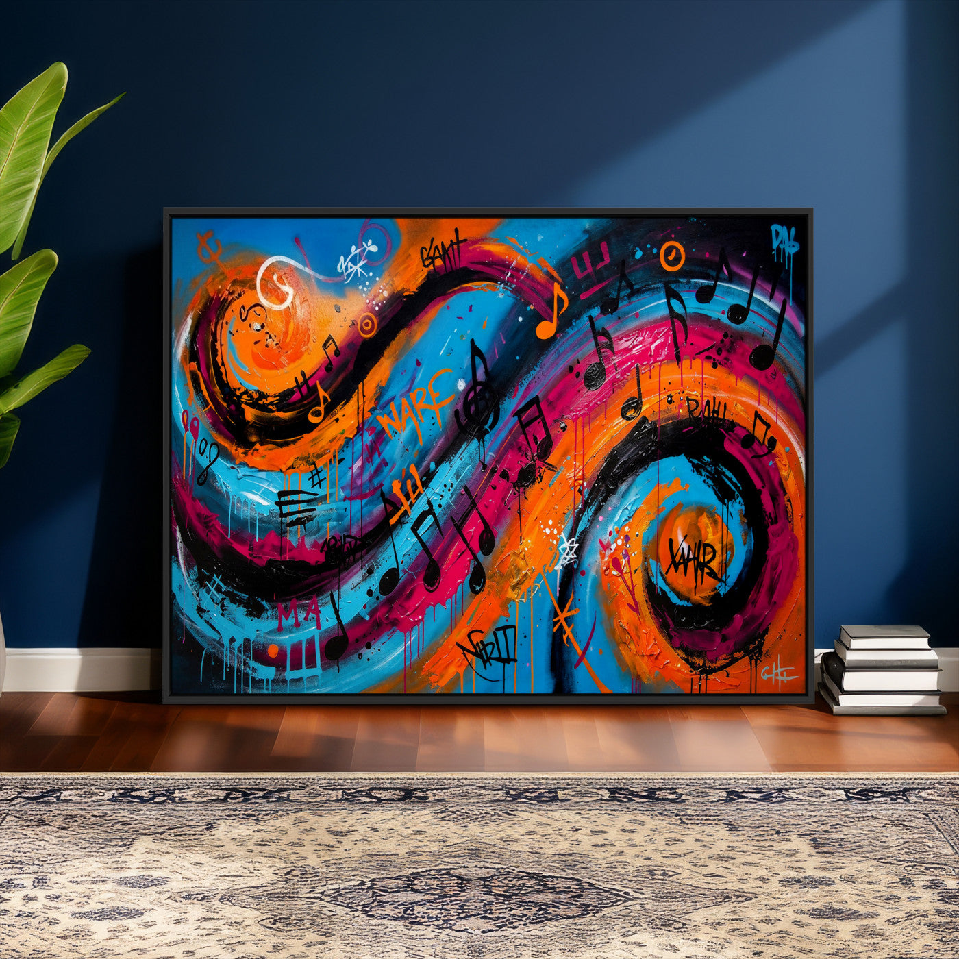 34936518-MGV-CV-36X24 - Geometric Abstract Wall Art Canvas Print, Orange Blue Abstract Expressionist Painting Print, Modern Geometric Abstract Canvas Art