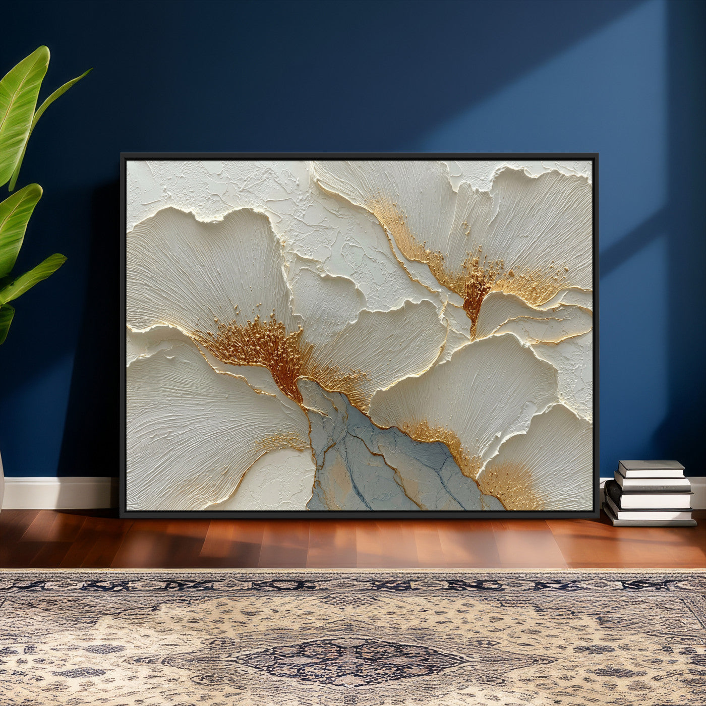 4712069F1-MGV-CV-36X24 - White Gold Floral Canvas Wall Art — Textured Flower Print | Luxury Botanical Decor | Elegant Bedroom Art | Gold Leaf Wall Art Gift