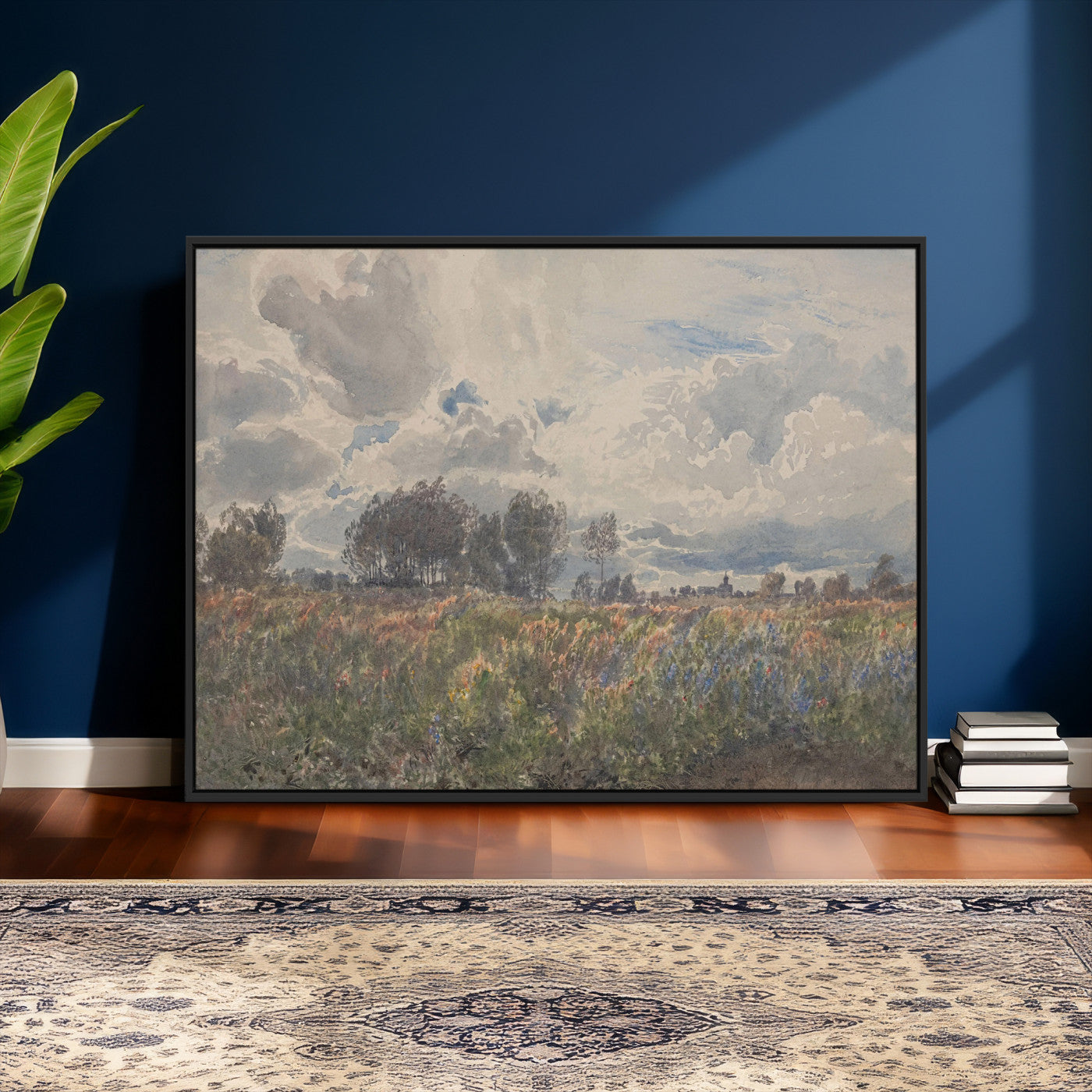 76626885-MGV-CV-36X24 - Vintage Watercolor Meadow Canvas Wall Art — English Pastoral Wildflower Storm Sky Print | Cottagecore Nature Decor | Classic Landscape Gift