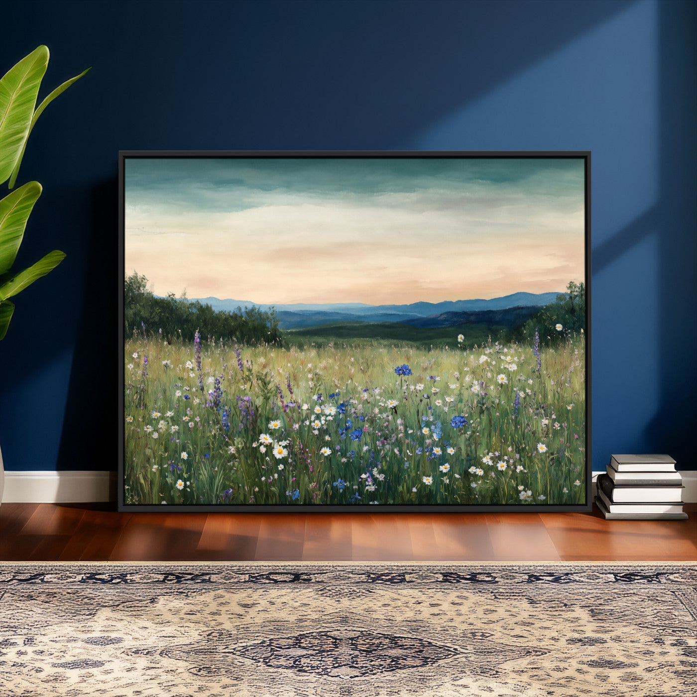35773805-MGV-CV-36X24 - Wildflower Meadow Oil Painting Canvas Print - Daisy Lavender Mountain Sunset Print | Cottagecore Floral Wall Art - Bedroom Decor Gift for Her