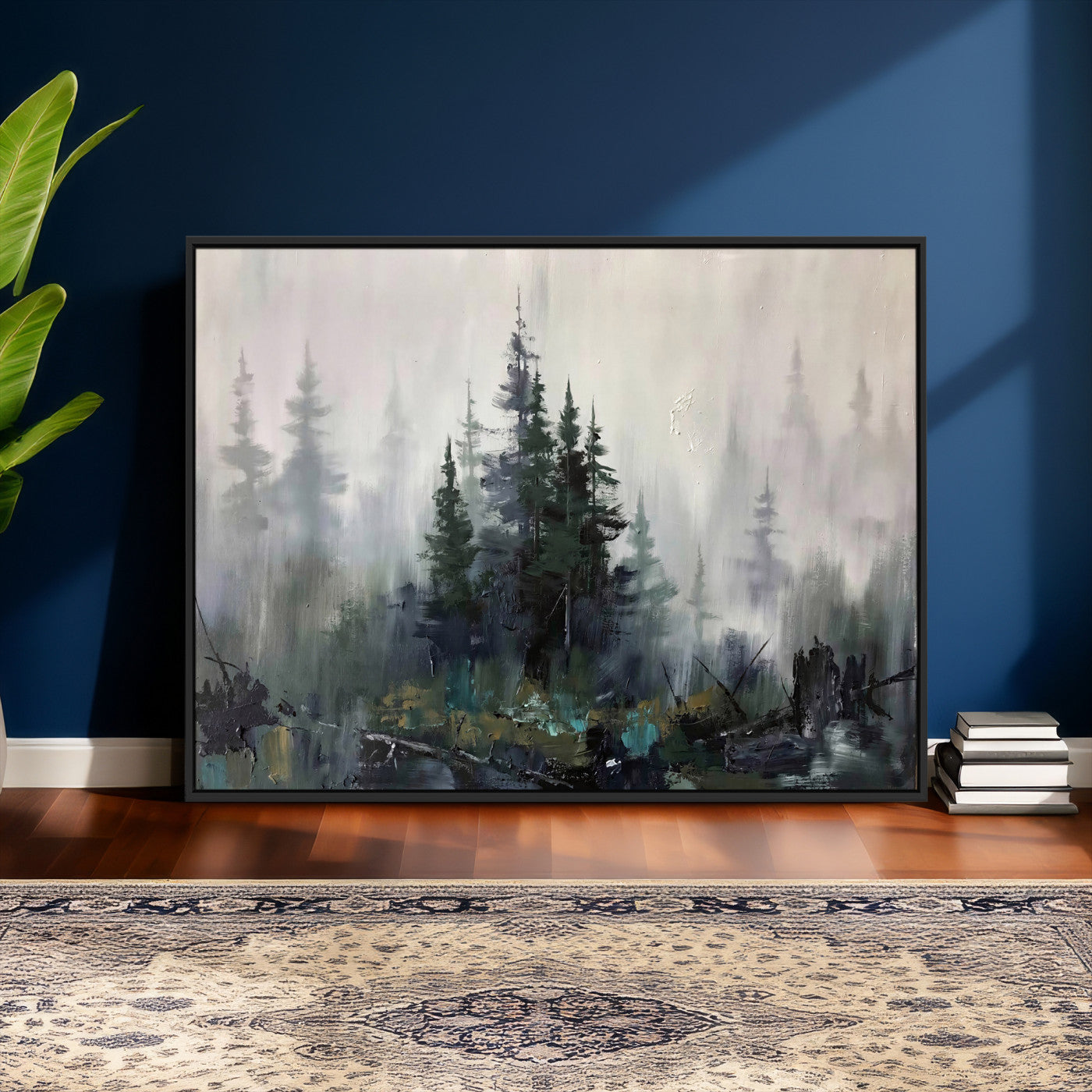 94143325-MGV-CV-36X24 - Misty Pine Forest Oil Painting Canvas — Dark Moody Teal Grey Tree Print | Japandi Scandinavian Wall Art | Minimalist Nature Decor Gift