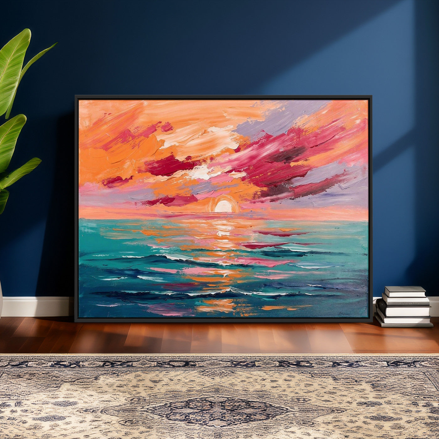 26763902-MGV-CV-36X24 - Bold Palette Knife Ocean Sunset Canvas — Orange Pink Teal Expressionist Sea Print | Colorful Coastal Wall Art | Vibrant Beach Decor Gift