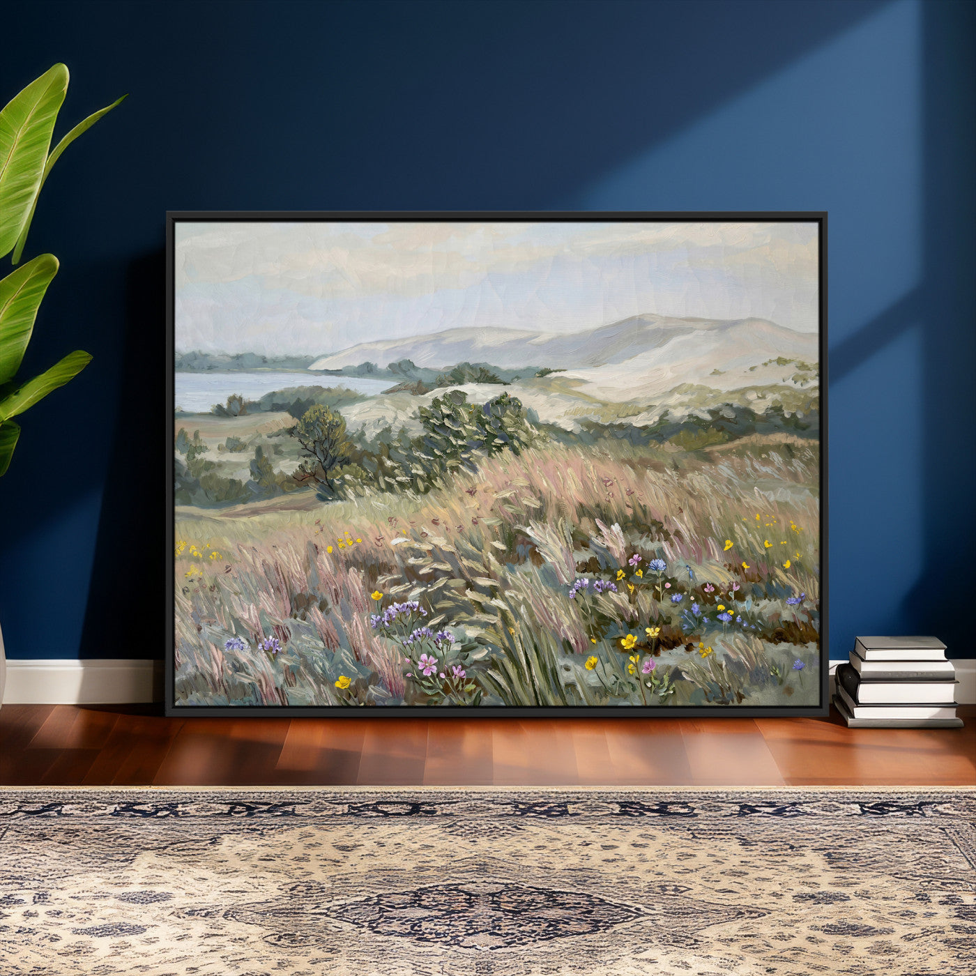 18013232-MGV-CV-36X24 - Katie Staples Hillside Canvas Wall Art — Coastal Wildflower Dune Oil Painting Print | Muted Green Nature Decor | Plein Air Landscape Gift