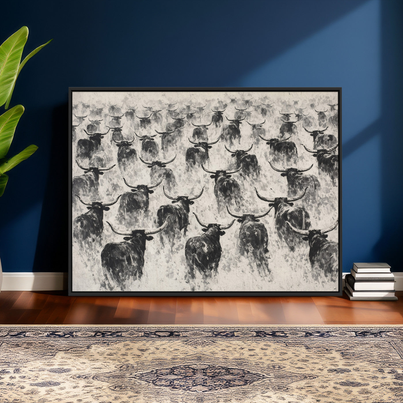 73328525-MGV-CV-36X24 - Texas Longhorn Drawing Canvas Wall Art, Western Cattle Stampede Painting Print, Warm Amber Ranch Decor, Rustic Cowboy Home Art, Large Living Room Decor