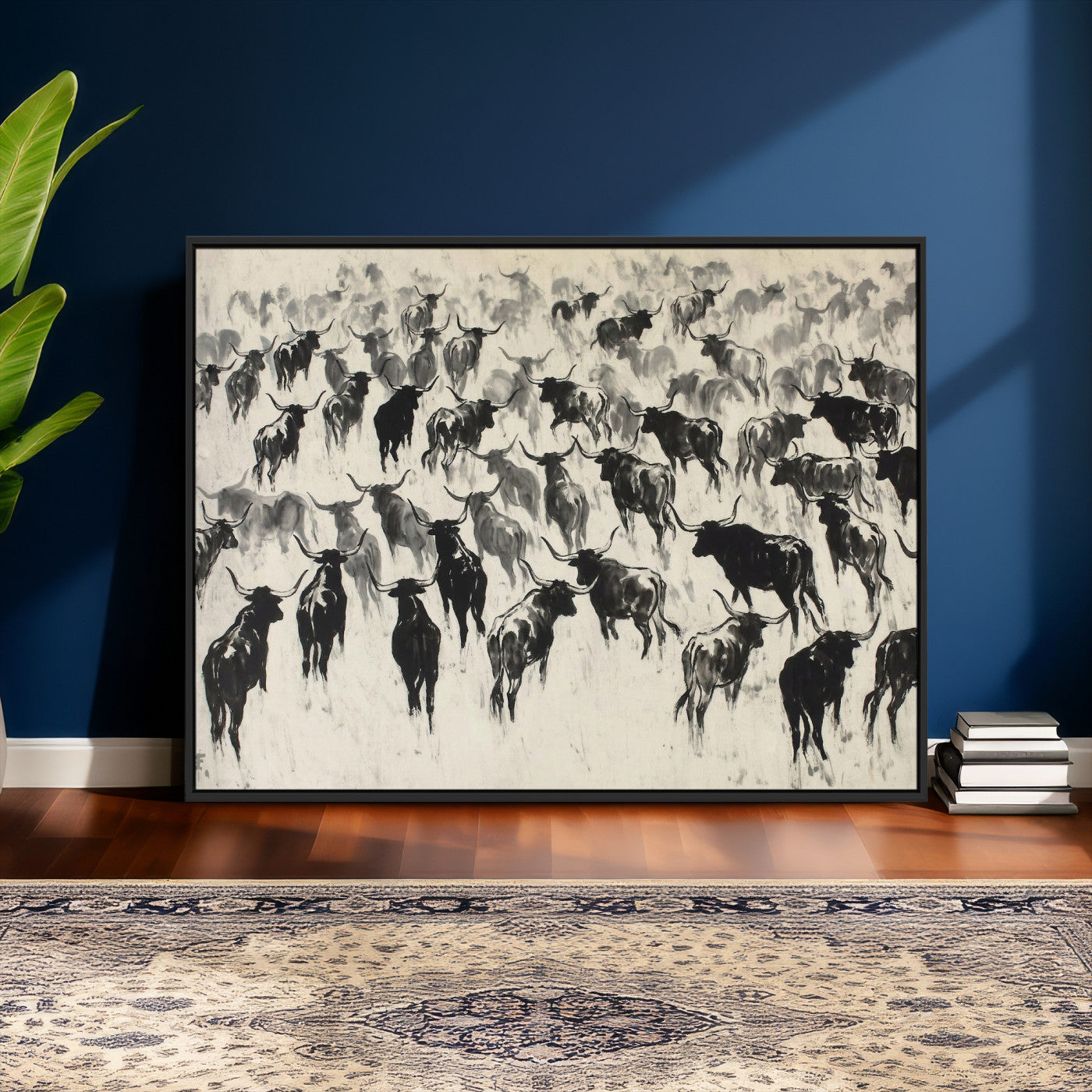 68669792-MGV-CV-36X24 - Longhorn Cattle Canvas Wall Art, Black White Stampede Ink Painting Print, Western Farmhouse Decor, Bull Herd Art, Large Living Room Wall Art, Ranch Home Decor