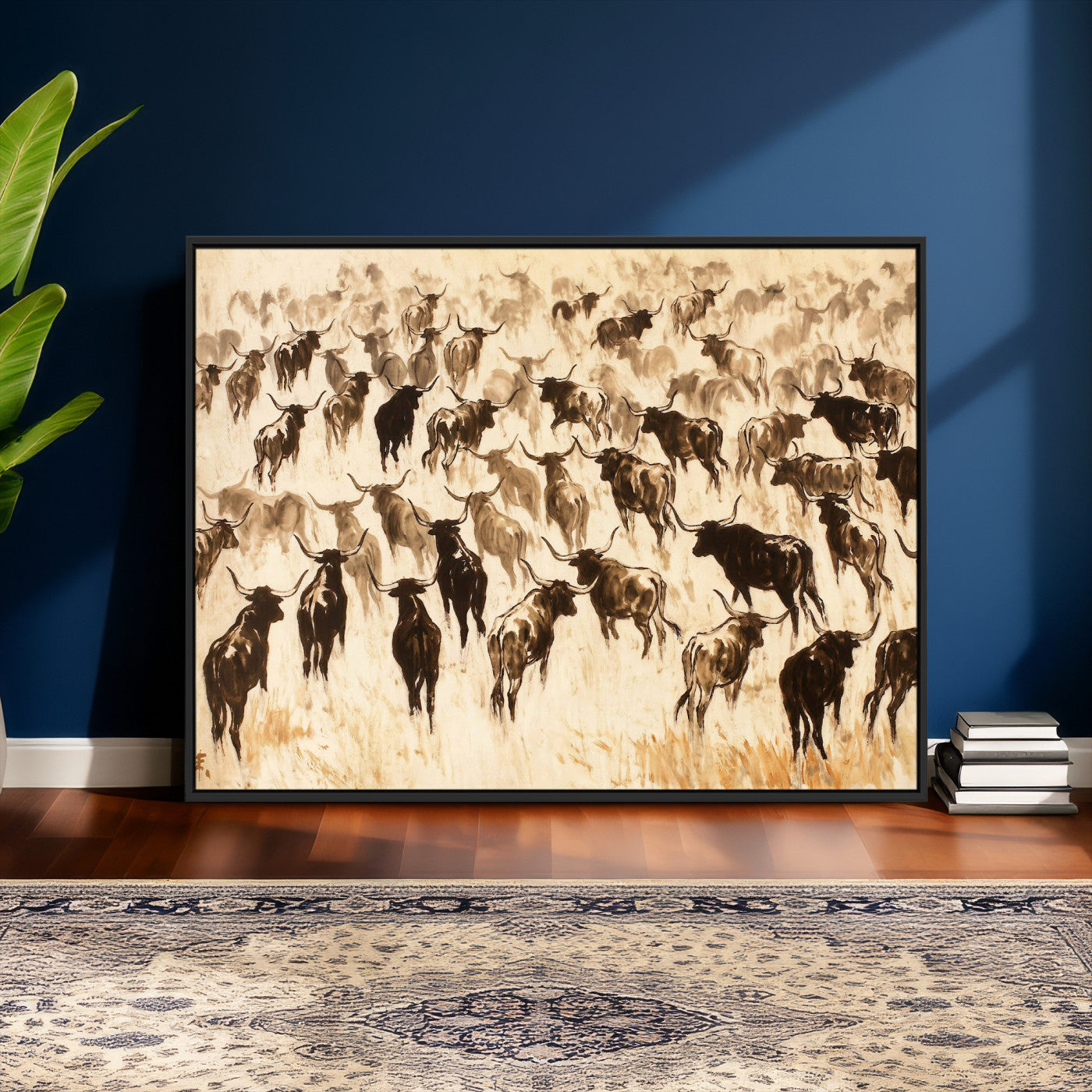 39077774-MGV-CV-36X24 - Texas Longhorn Sepia Canvas Wall Art, Western Cattle Stampede Painting Print, Warm Amber Ranch Decor, Rustic Cowboy Home Art, Large Living Room Decor