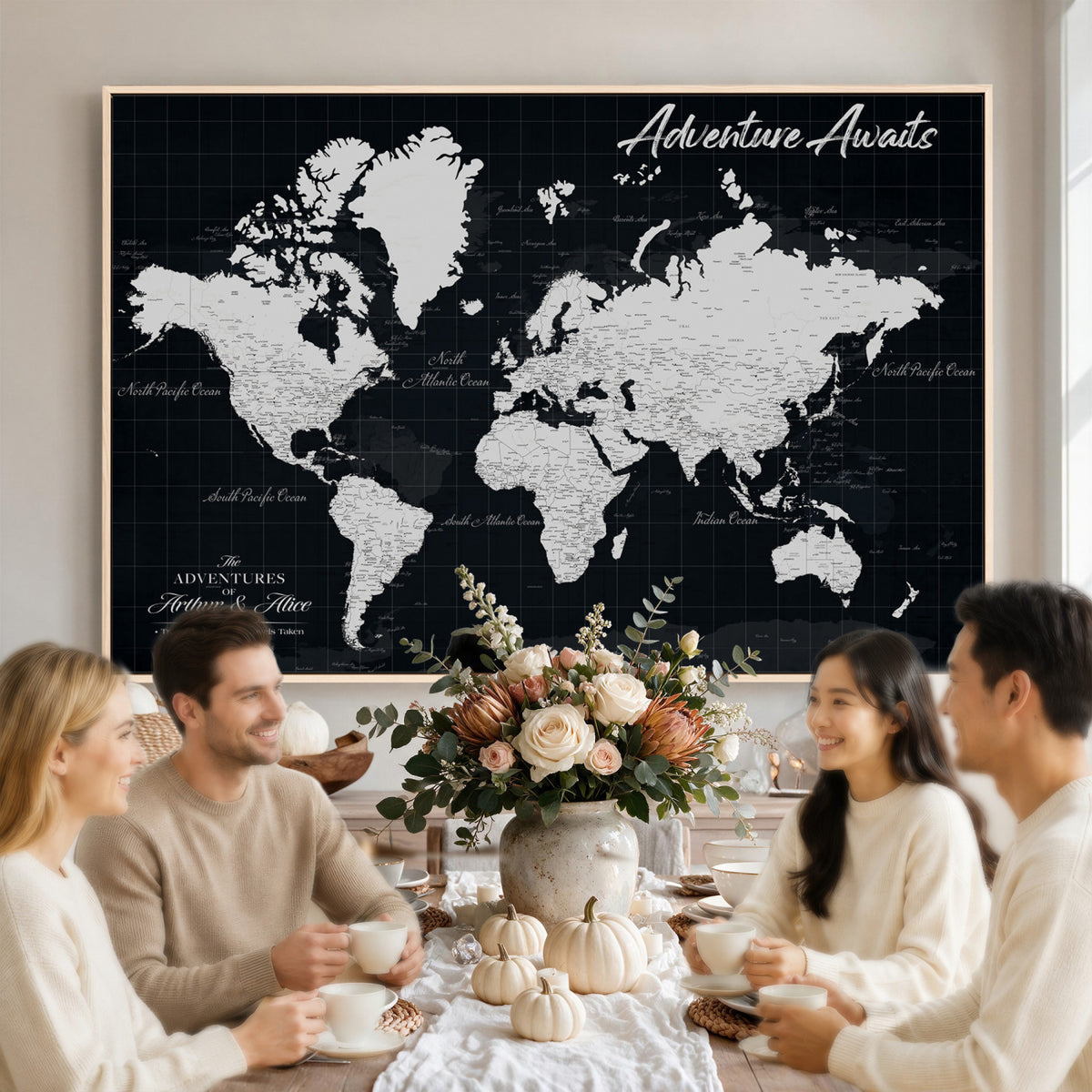 19855445B-MGV-CV-36X24 - Personalized Black Push Pin Travel Map Canvas Print, Couples Countries Visited Map, Entryway and Hallway Decor