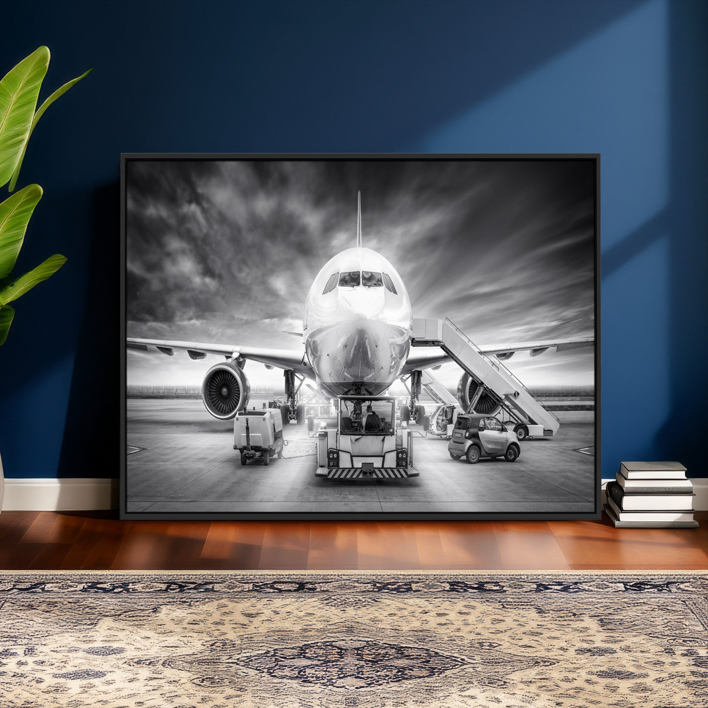 85885848-MGV-CV-36X24 - Airplane Wall Art Canvas Print, Black and White Jet Aircraft Airport Runway Framed Aviation Artwork for Pilot Office Hangar Travel Decor