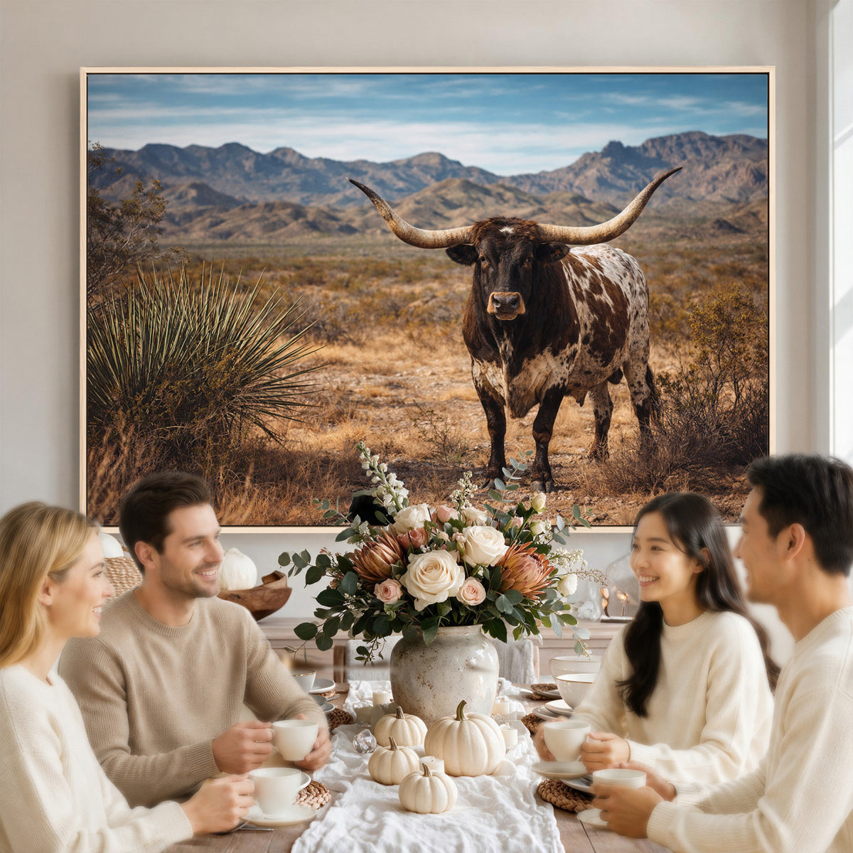 17622011S-MGV-CV-36X24 - Texas Longhorn Bull Wall Art Canvas Print, Western Farmhouse Cowboy Decor, Rustic Texas Ranch Cattle Artwork for Living Room Bedroom Office, Framed Wall Decor