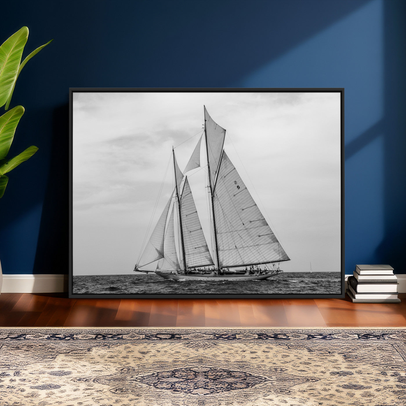 52882918-MGV-CV-36X24 - Vintage Sailboat Wall Art Canvas Print, Black and White Schooner Framed Artwork, Nautical Ocean Sailing Decor for Living Room Office Beach House