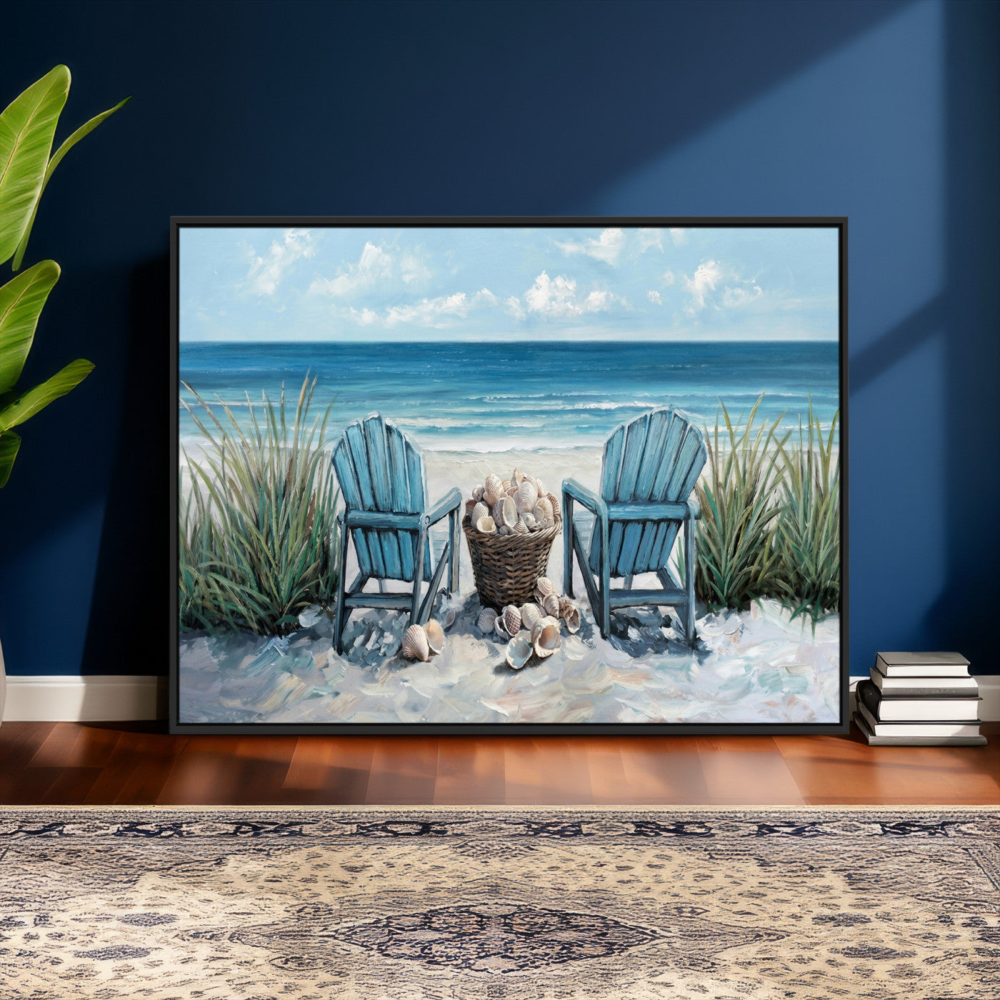 11973028-MGV-CV-36X24 - Beach Canvas Wall Art Coastal Adirondack Chairs Ocean Seashells Blue Nautical Framed Large for Living Room Bedroom Bathroom Decor