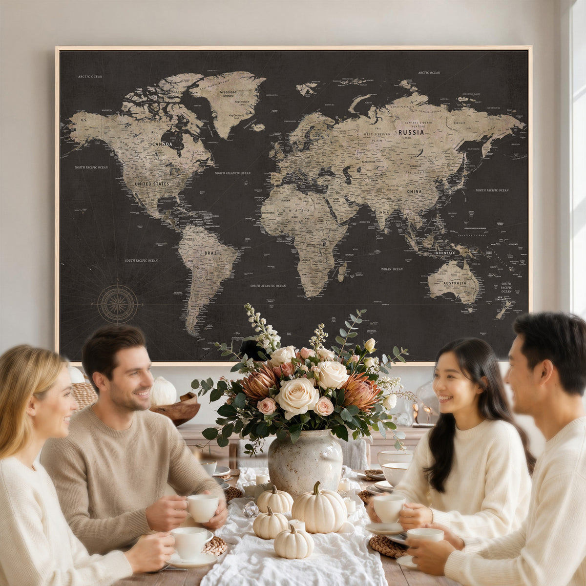 56556018136-MGV-CV-36X24 - World Map Canvas Wall Art Dark Charcoal Antique Tan Detailed
