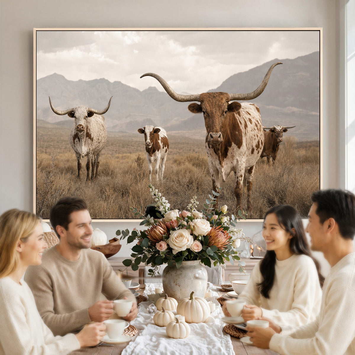 62336425AD-MGV-CV-36X24 - Rustic Texas Longhorn Cow Canvas Wall Art Print, Rustic Farm Animal Photography Print, Farmhouse Country Decor, Western Ranch Art