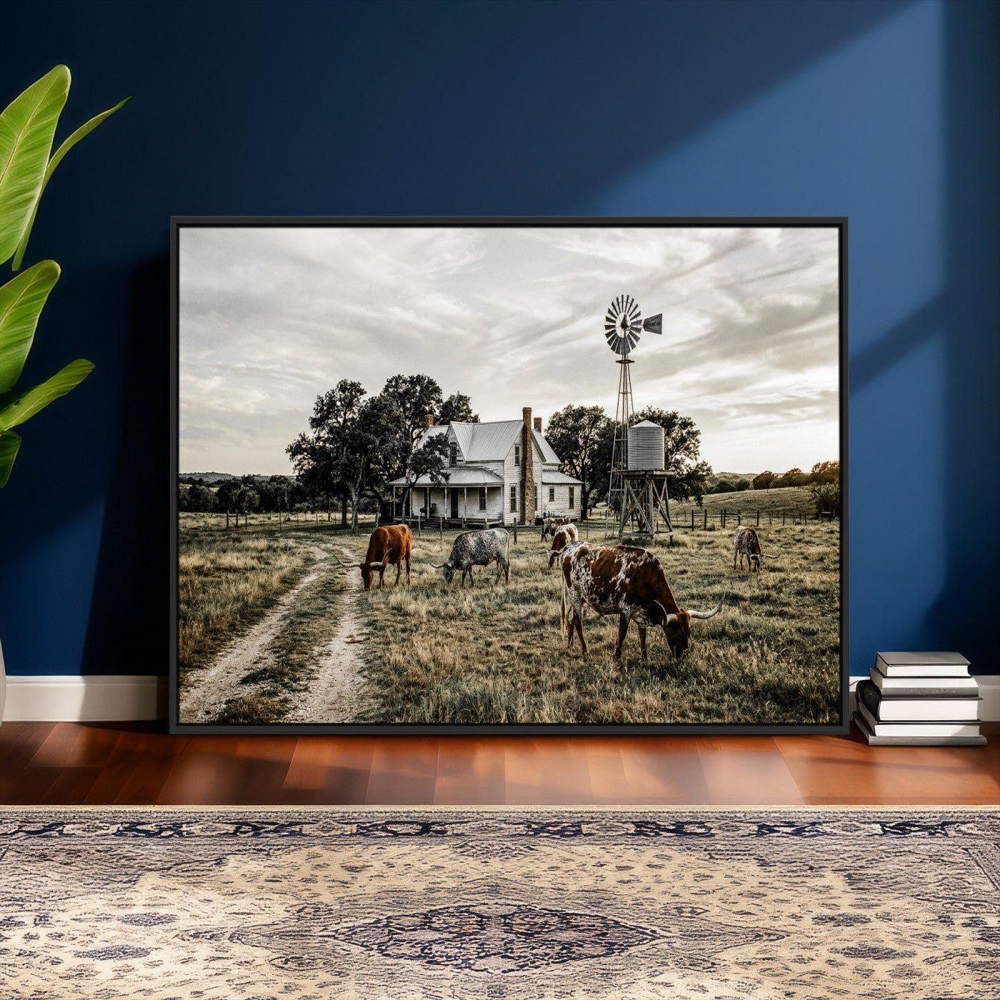 92429425-MGV-CV-36X24 - Texas Longhorn Ranch Wall Art Canvas Print, Rustic Western Farmhouse Decor, Country Landscape Canvas Wall Art, Vintage Cowboy Ranch Picture